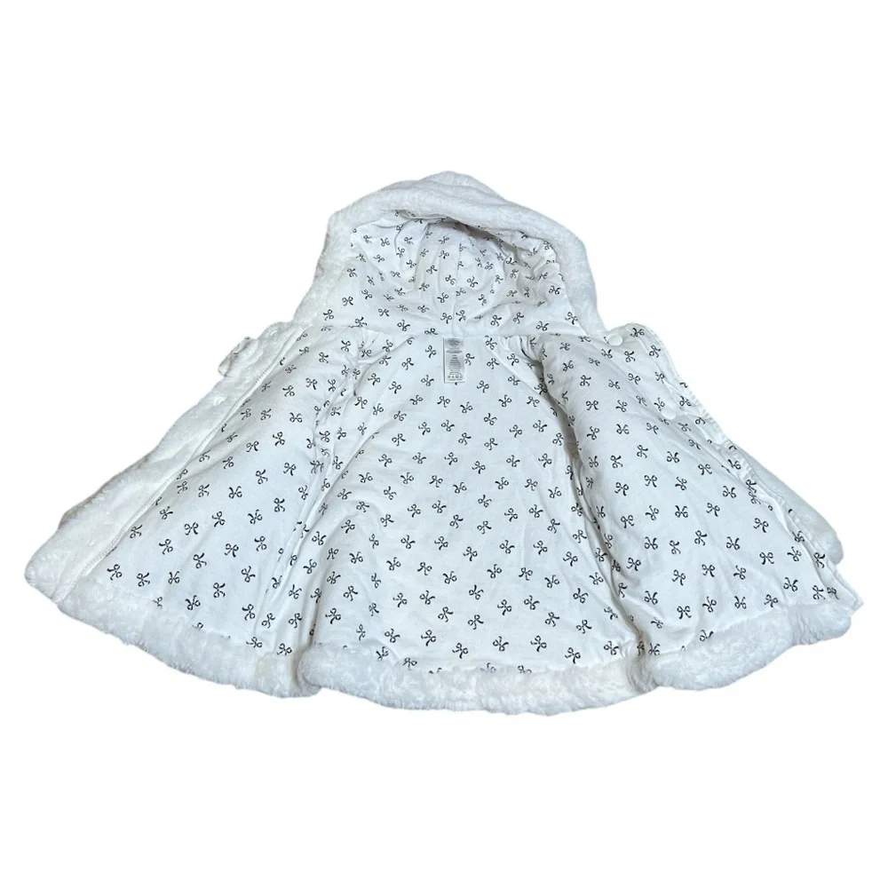 Girls “Little Me” Jacket White Faux Fur Hooded Coat‎ Bow Zip Closure, 24 Months